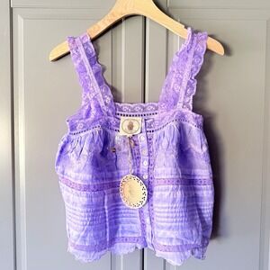 Muche & Muchette Boho Lace Embroidered Pintuck Button Front Cami Top, Purple,O/S